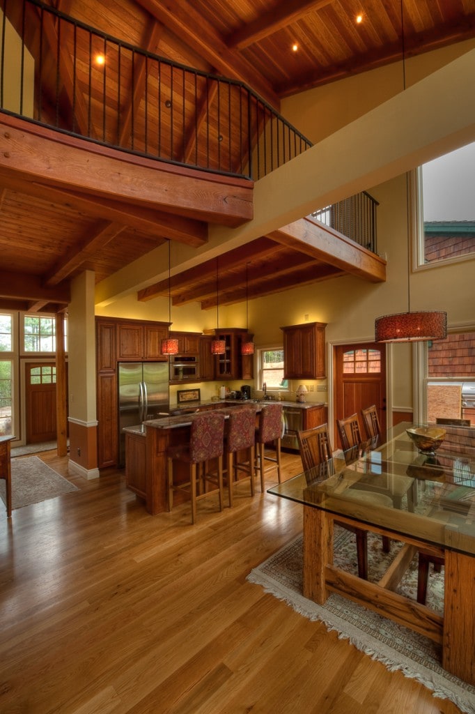 timber frame great room loft kitchen on lake james nc