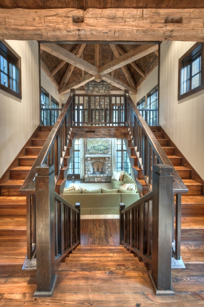 reclaimed wood stairway timber with reclaimed hand hewn beams
